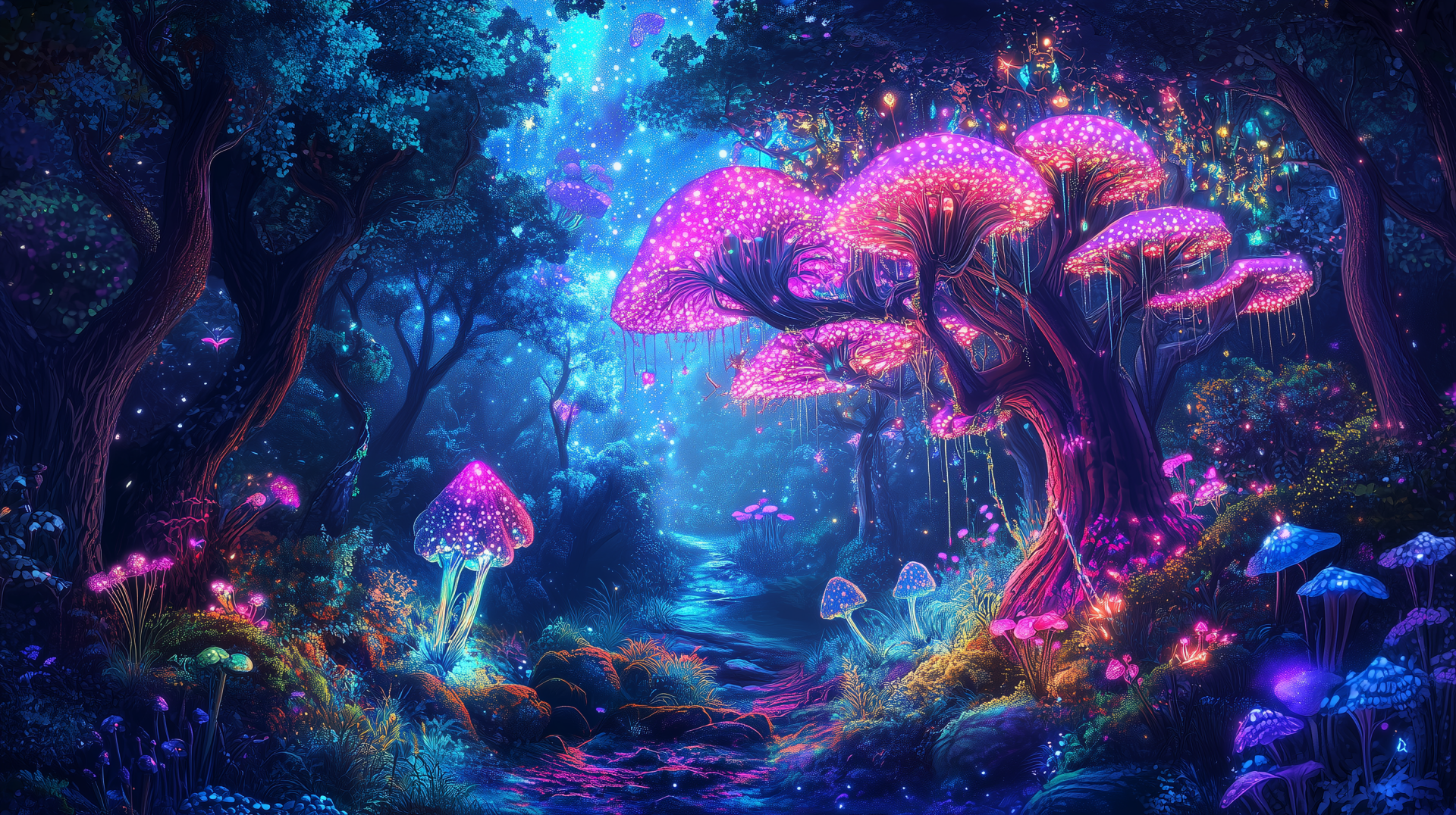 A whimsical magical forest filled with vibrant colors and enchanting flora, creating a captivating HD desktop wallpaper and background.