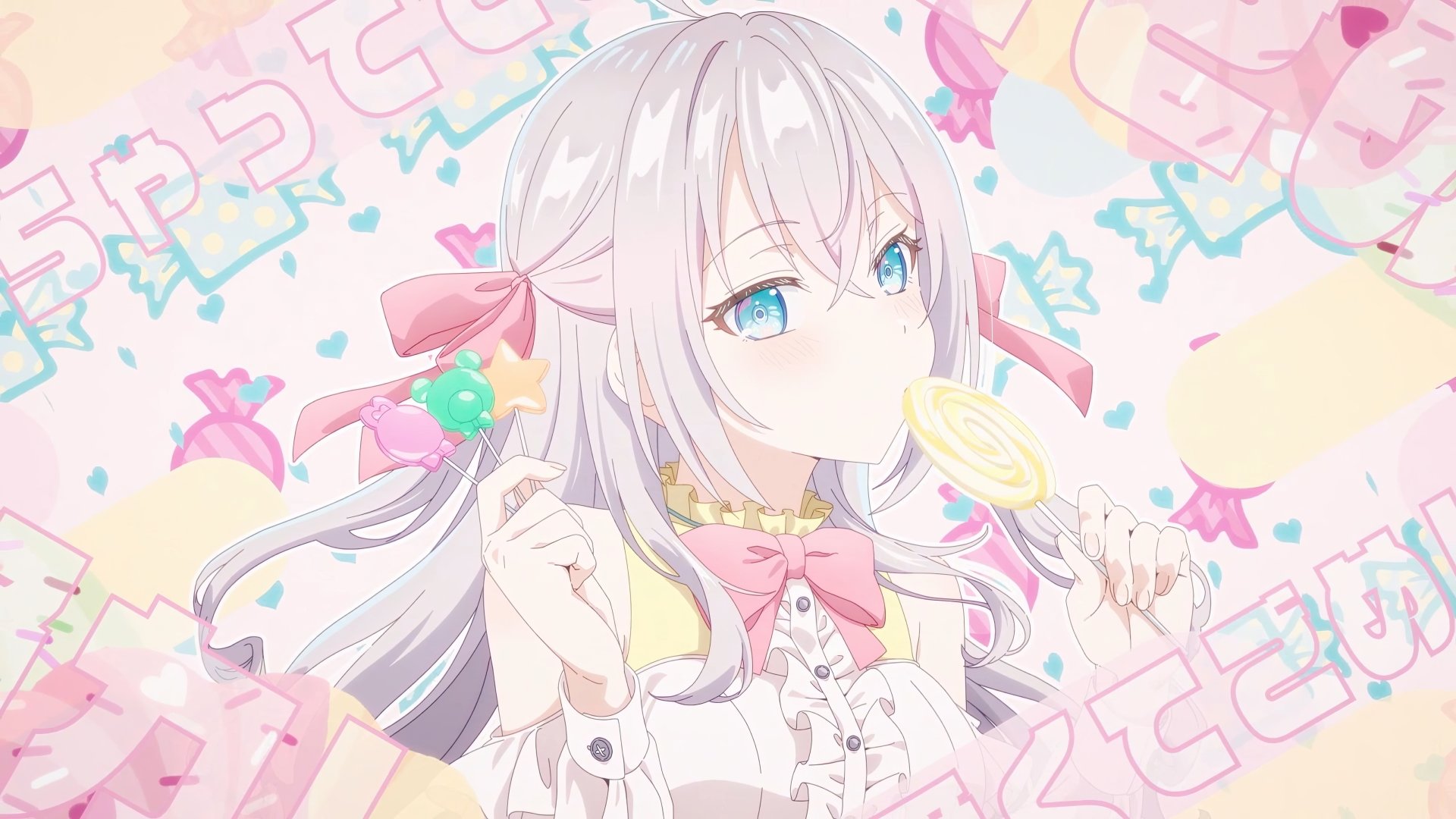 Anime-style 4K Ultra HD desktop wallpaper featuring Alisa Mikhailovna Kujou from Alya Sometimes Hides Her Feelings in Russian, with pastel colors and sweets background.