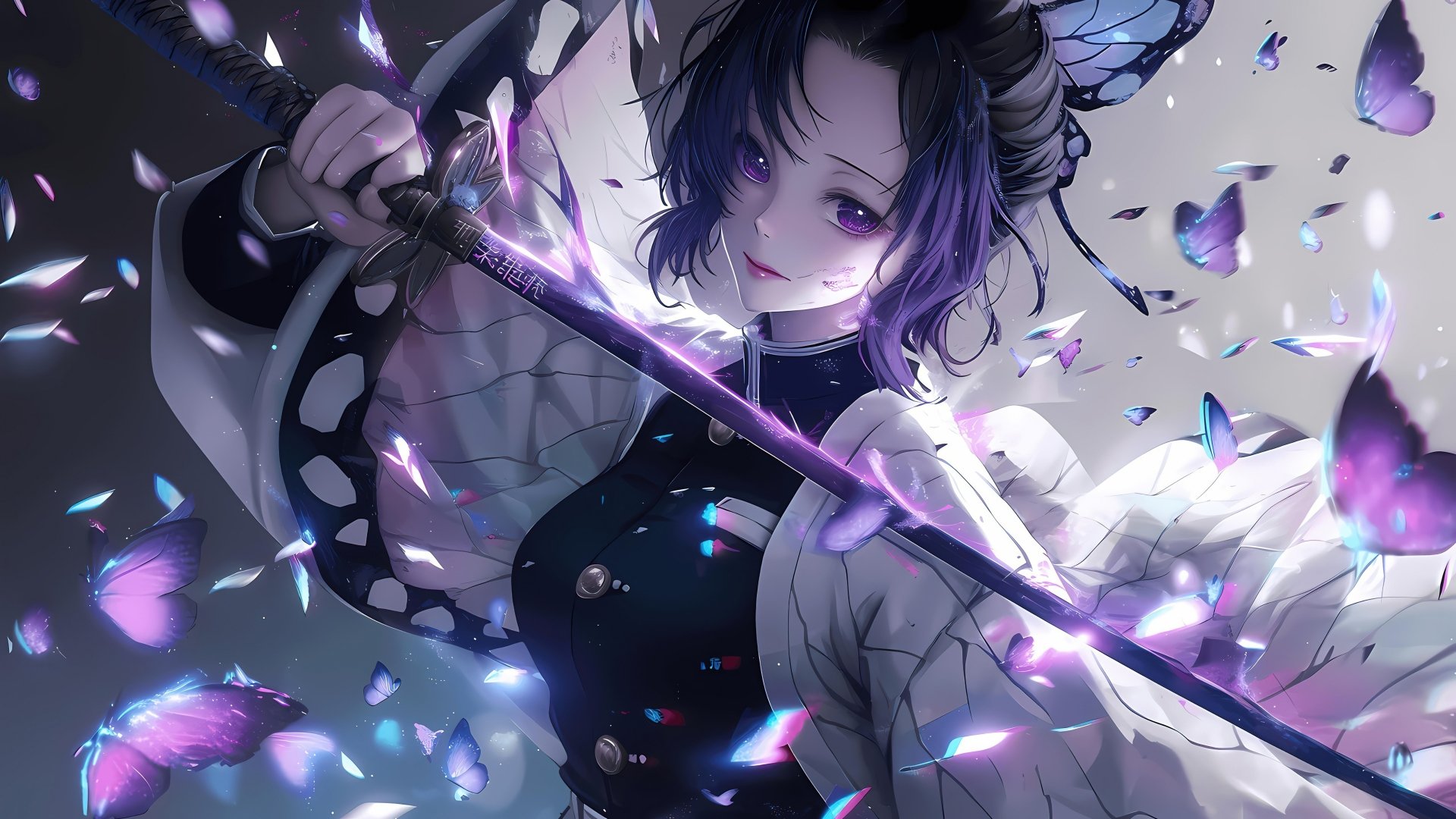 4K Ultra HD wallpaper of Shinobu Kochou from Demon Slayer: Kimetsu no Yaiba, featuring her poised with a glowing sword surrounded by vibrant butterflies.