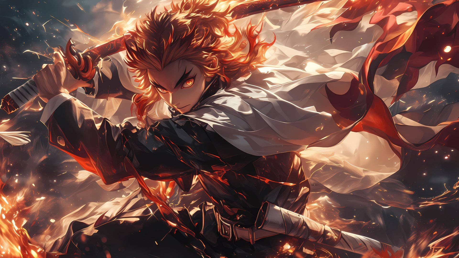 Kyojuro Rengoku from Demon Slayer: Kimetsu no Yaiba depicted in vibrant colors, wielding a fiery sword amid dynamic flames in a 4K Ultra HD PC desktop wallpaper.