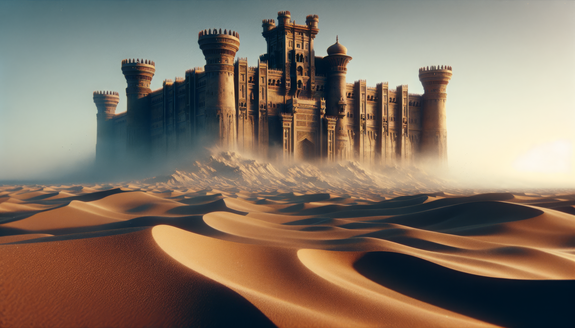 A majestic fortress rises from sweeping sand dunes, bathed in soft light, creating a stunning HD desktop wallpaper that captures a blend of strength and beauty in a desert landscape.