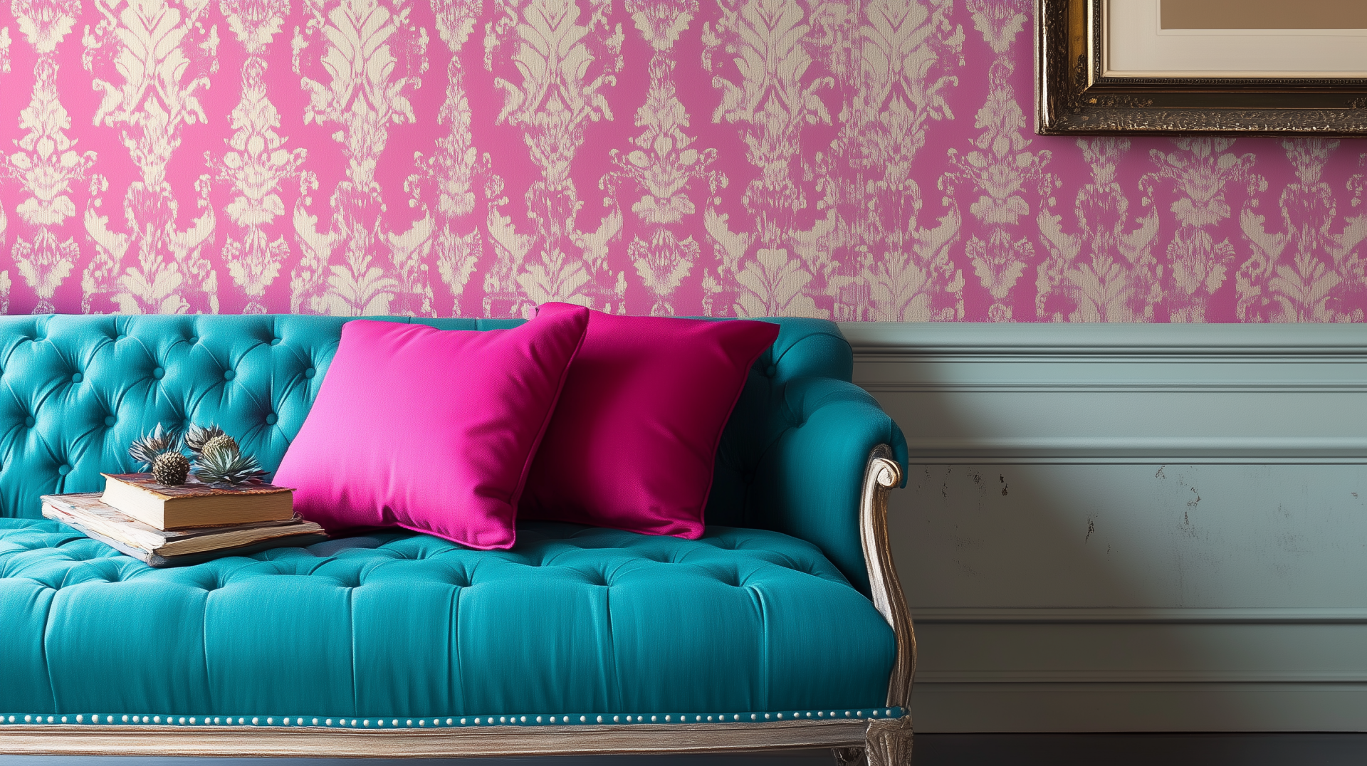 A vibrant preppy couch in teal with fuchsia pillows sits against a pink patterned wallpaper, creating a stylish and inviting atmosphere in this HD desktop wallpaper.
