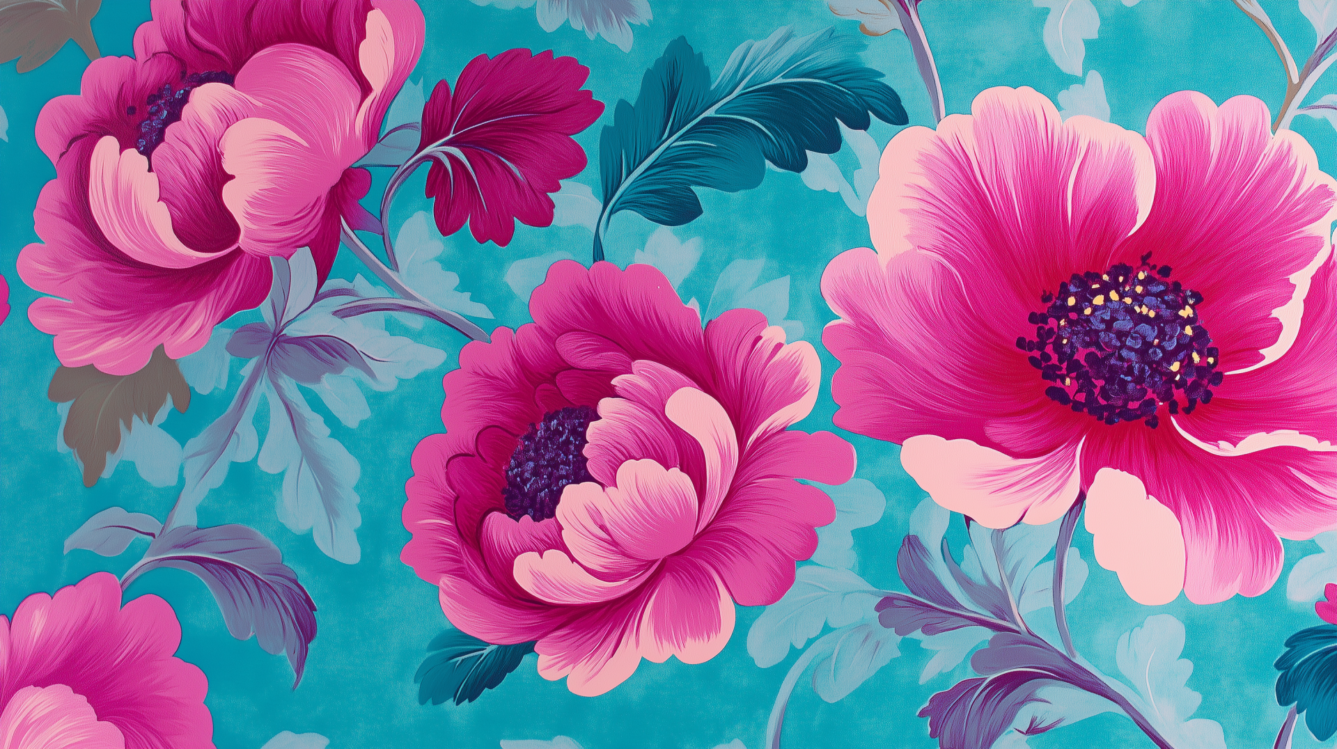 Vibrant pink flowers bloom against a turquoise background in this HD floral wallpaper, bringing a lively touch to any desktop.