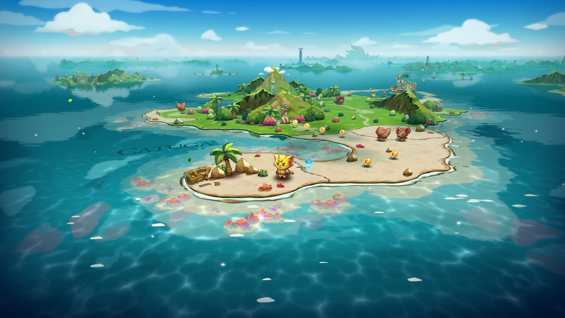 An HD desktop wallpaper featuring a vibrant island landscape from the video game Cat Quest III, showcasing lush greenery, crystalline waters, and playful elements.