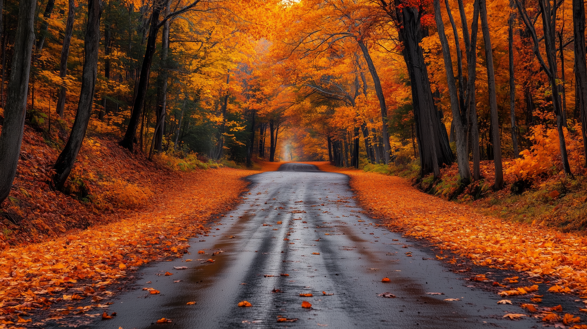 A scenic road surrounded by vibrant fall foliage, capturing the essence of autumn weather. A rich HD wallpaper that beautifully showcases the colors of the season.