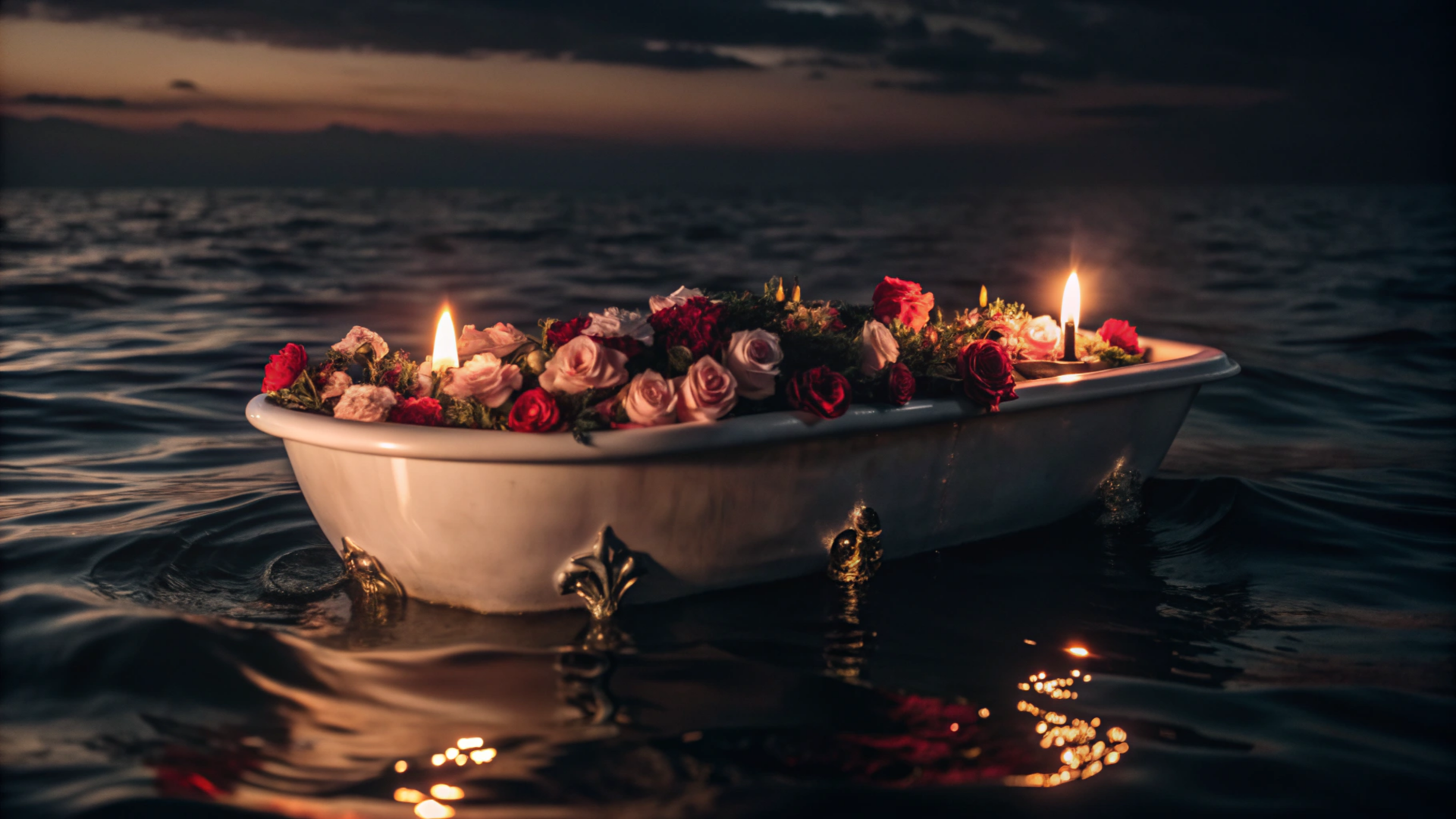 HD PC desktop wallpaper featuring a white bathtub filled with pink roses and lit candles floating on calm water at dusk.