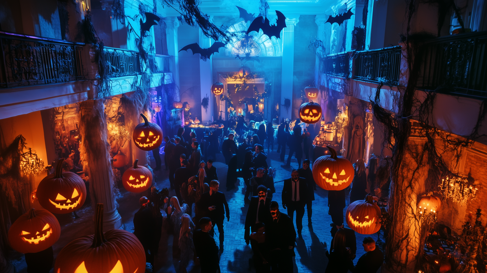 A vibrant Halloween party scene features guests mingling in a decorated venue, with glowing jack-o'-lanterns and bats hanging, set against a backdrop of blue and orange lights.