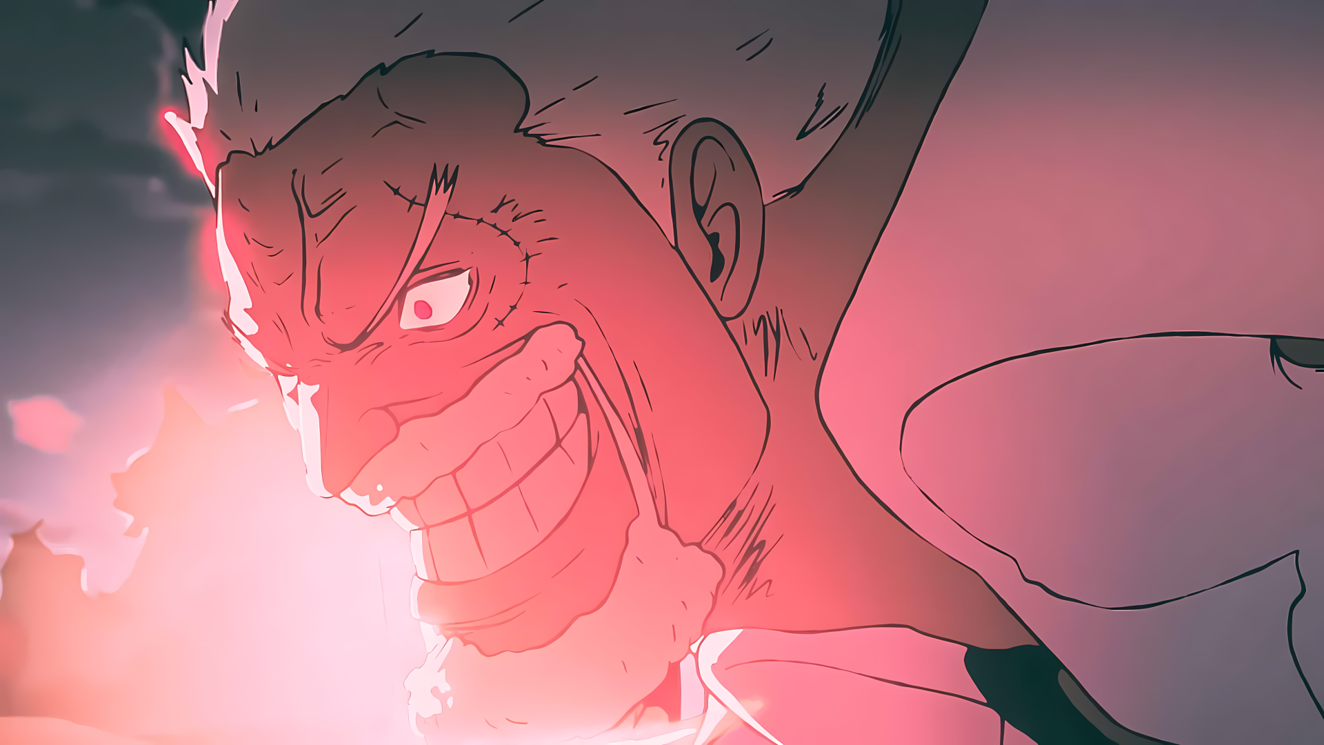 Close-up of grinning Monkey D. Garp from One Piece in dramatic red backlight, high-contrast 4K Ultra HD anime PC desktop wallpaper.