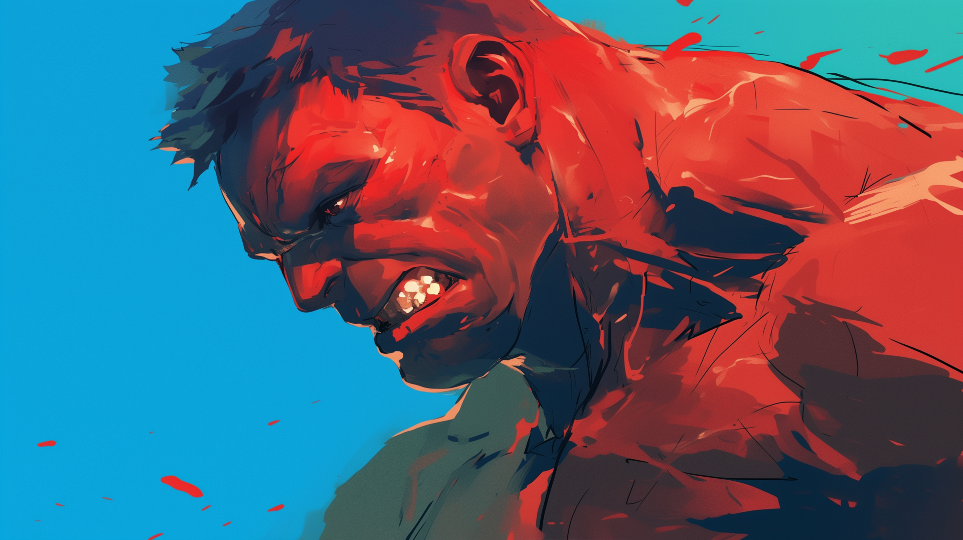 A vibrant HD wallpaper featuring Red Hulk from Marvel Comics, showcasing a dynamic and intense expression against a vivid blue background.