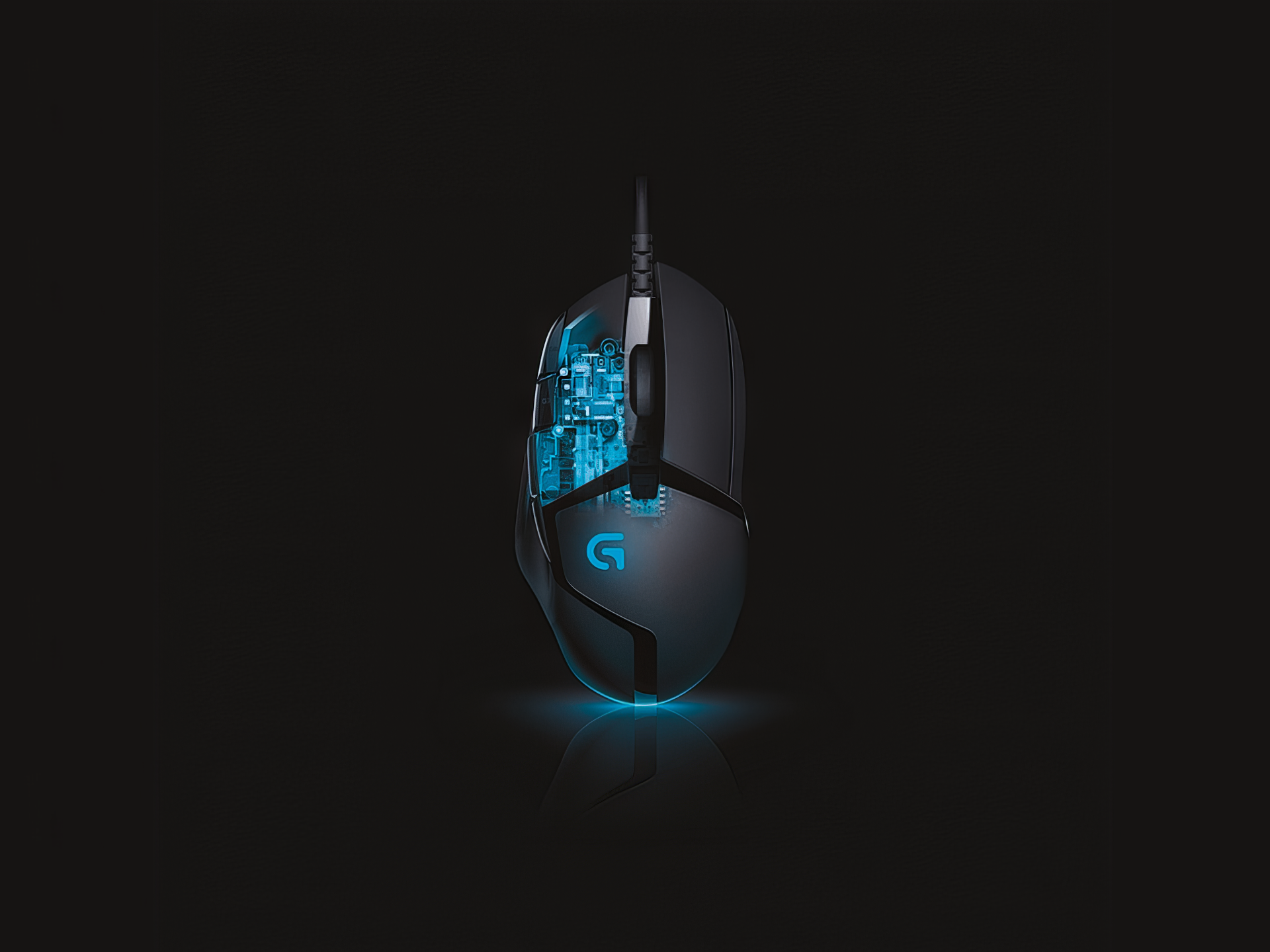 A sleek Logitech gaming mouse with glowing accents, set against a dark backdrop, features intricate tech design for an impressive desktop wallpaper.