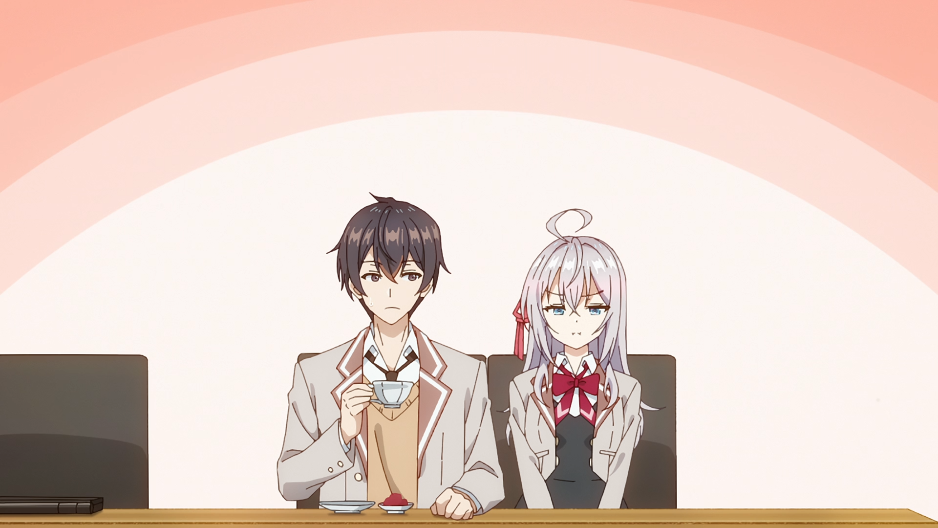 HD anime PC wallpaper featuring Masachika Kuze and Alisa Mikhailovna Kujou from Alya Sometimes Hides Her Feelings in Russian, sitting side by side against a soft pink background.