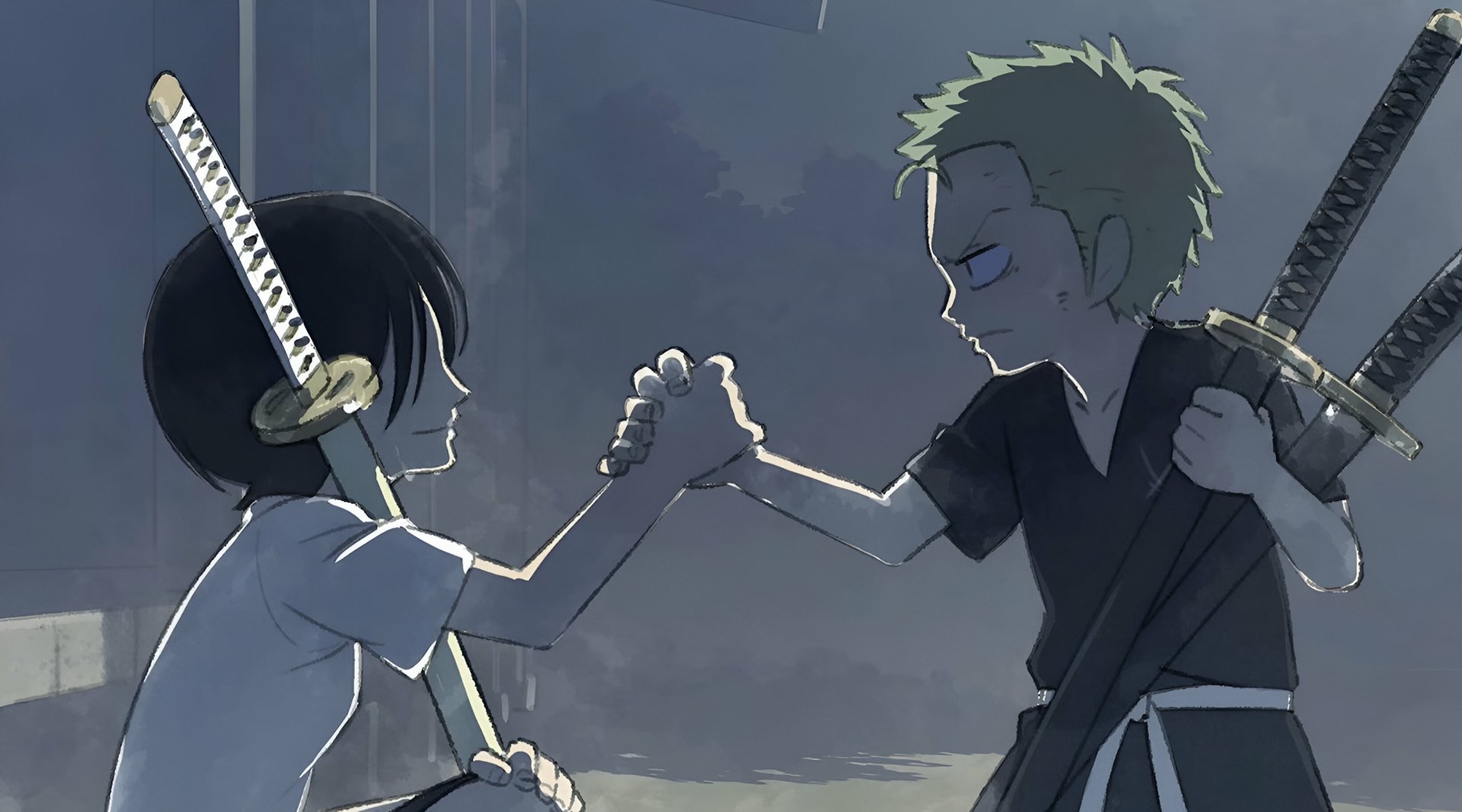 HD anime wallpaper of Kuina and Roronoa Zoro from One Piece engaging in a friendly arm wrestle, showcasing their strong bond and determination.