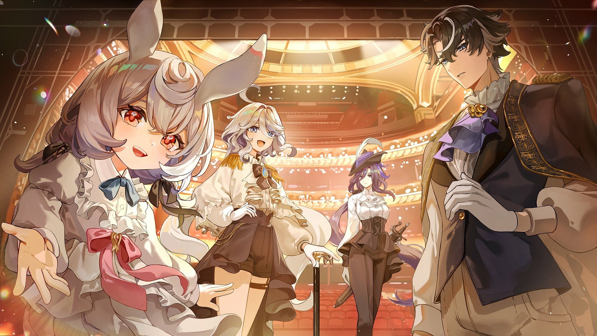 HD PC desktop wallpaper featuring Furina, Sigewinne, and other characters from the video game Genshin Impact in an elegant, warmly lit setting.