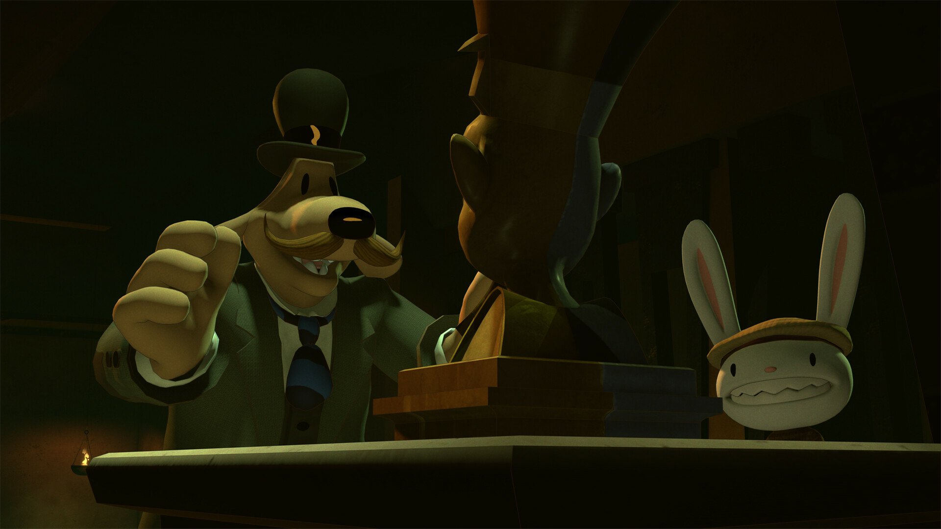 HD wallpaper featuring characters from the video game Sam & Max: The Devil's Playhouse, showcasing a humorous scene with Sam, a dog detective, and Max, a mischievous rabbit.