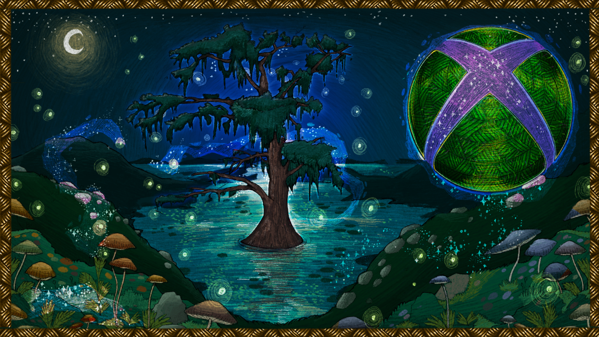 A vibrant HD desktop wallpaper featuring a mystical landscape with a glowing tree, serene waters, and an Xbox logo, enveloped in a night sky with softly shimmering lights.