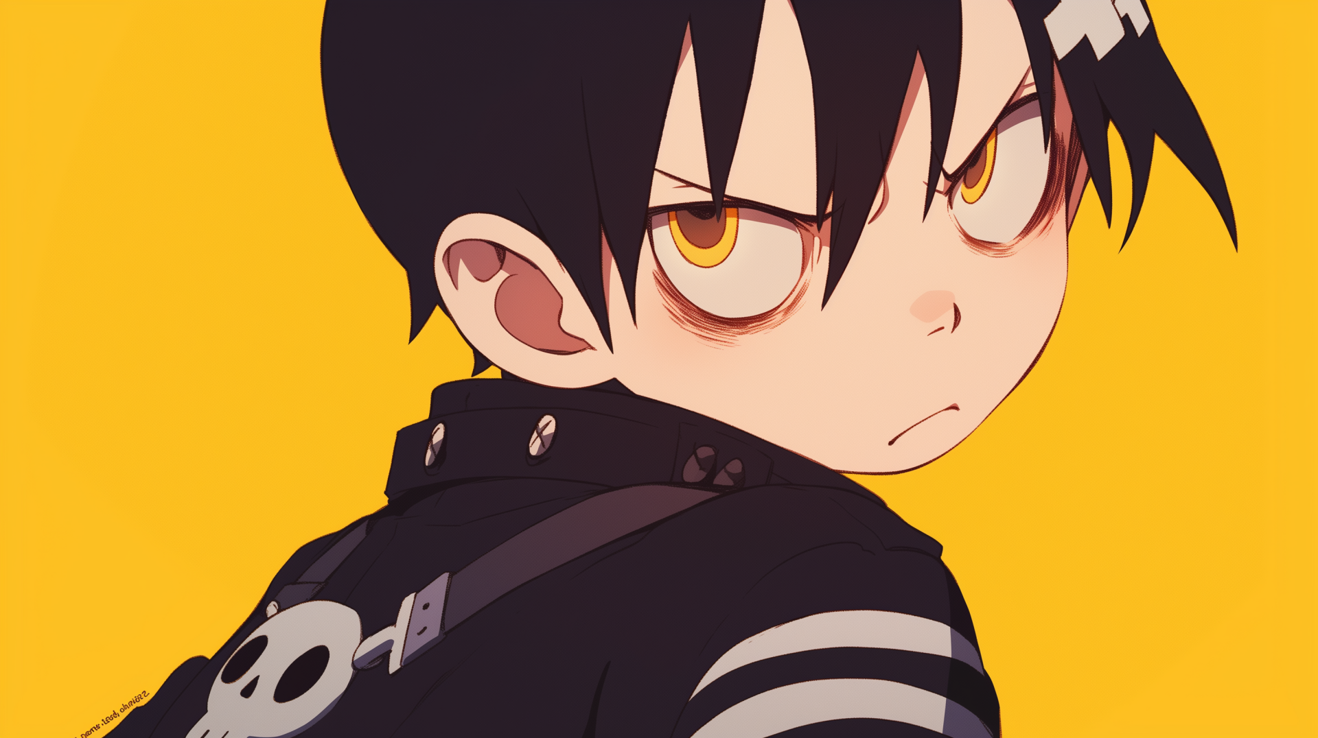 Death the Kid from the anime Soul Eater is depicted with an intense expression against a vibrant yellow background, creating a striking HD desktop wallpaper.
