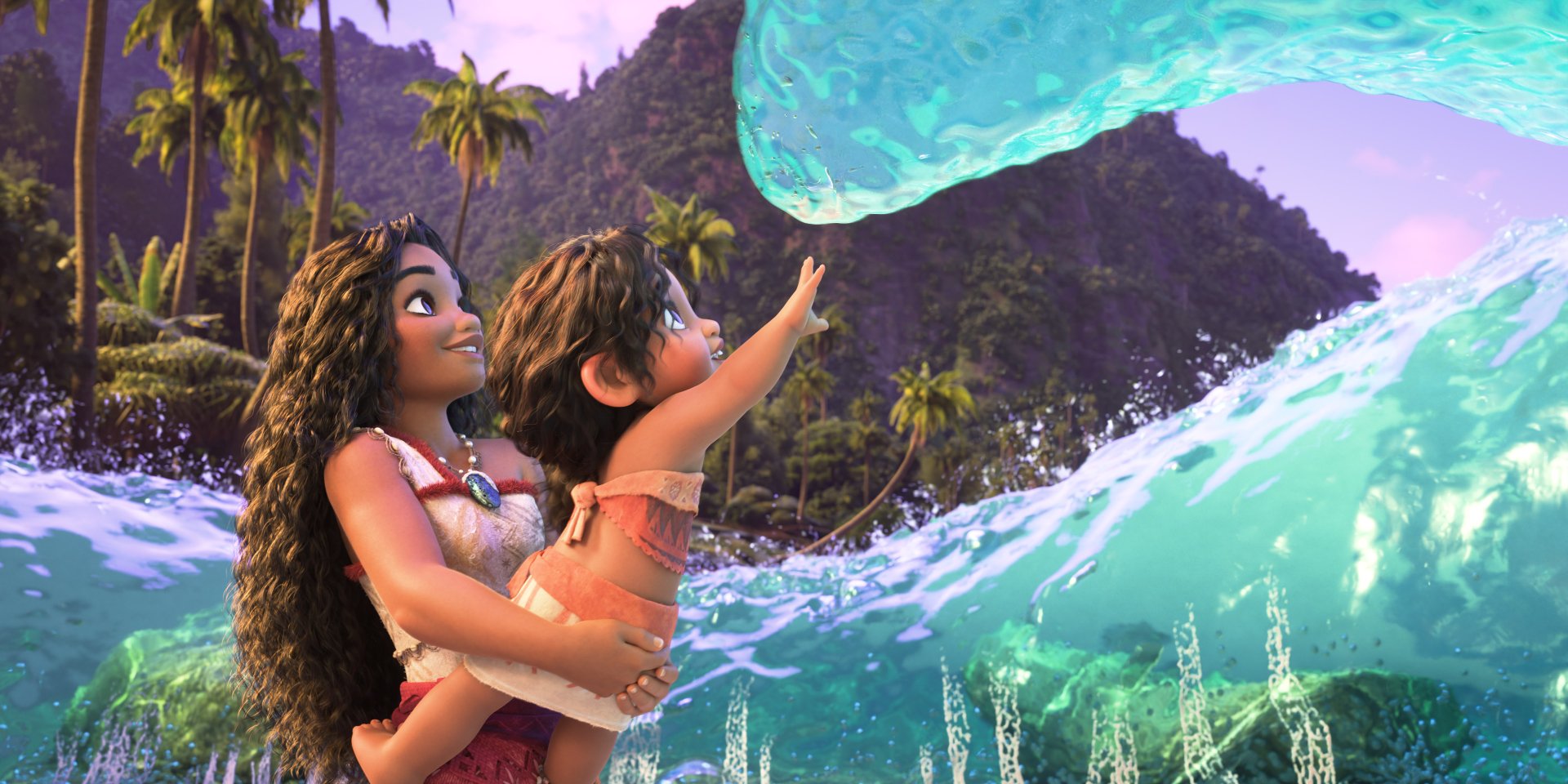 Moana Waialiki joyfully interacts with a child, reaching towards a playful wave in a vibrant tropical setting. This captivating image is a stunning HD wallpaper from Moana 2.