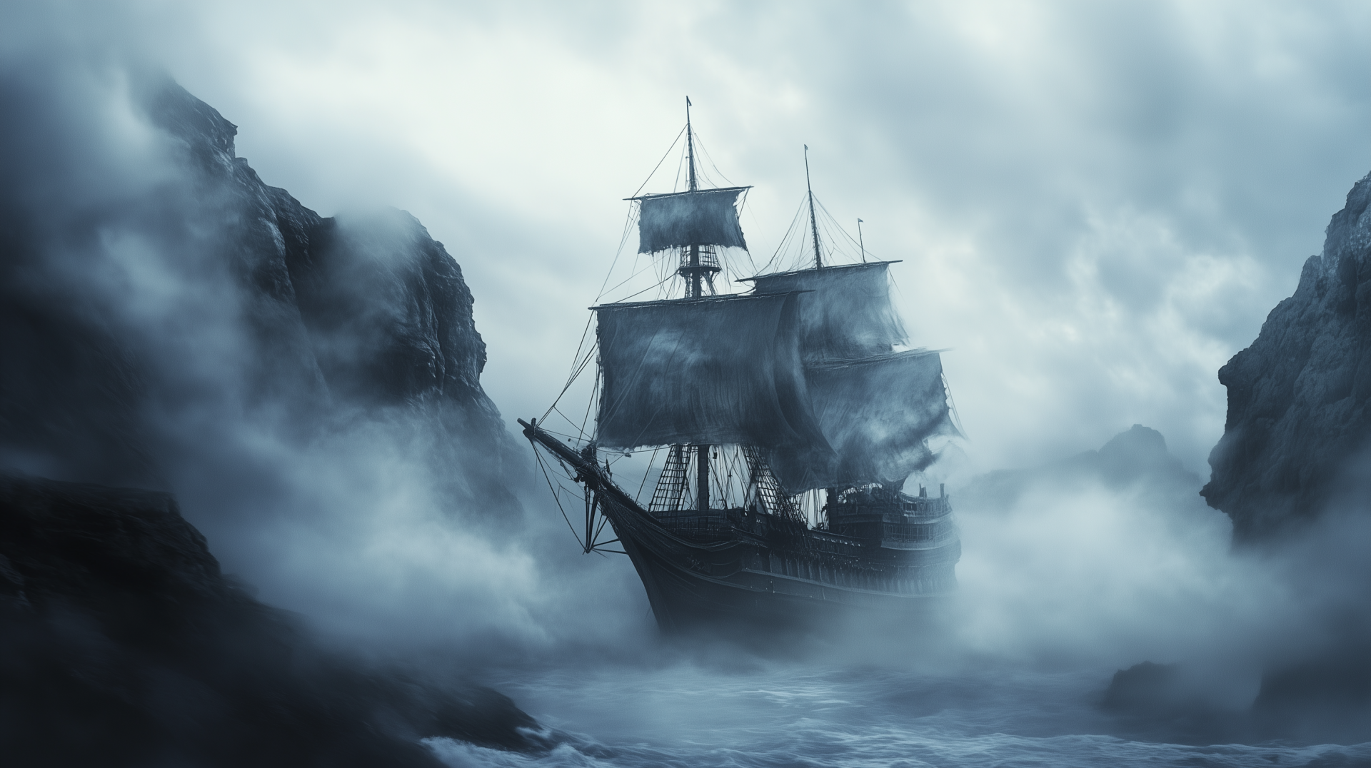 A haunting phantom ship emerges through mist, creating an eerie atmosphere. This HD wallpaper serves as a captivating desktop background.