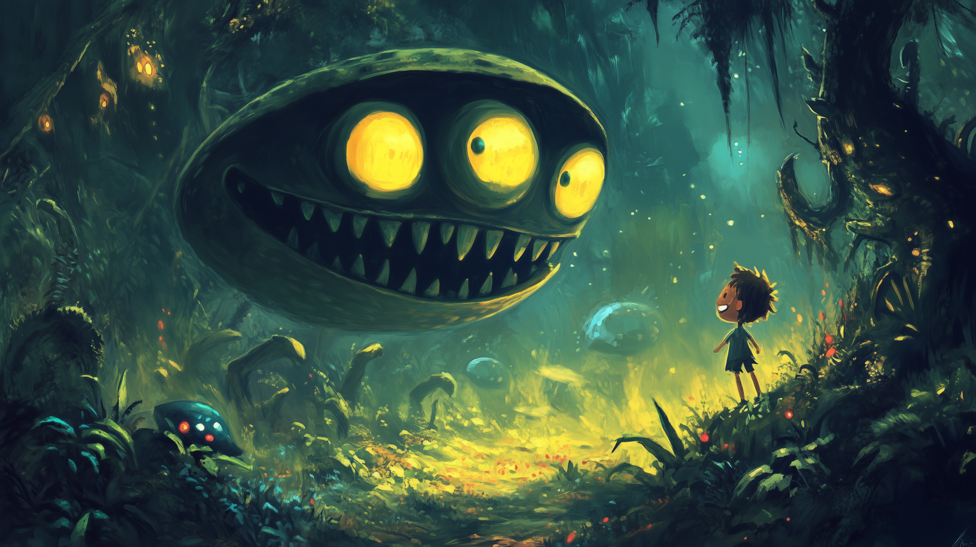 A captivating HD desktop wallpaper showcasing an alien encounter set in a sci-fi landscape, filled with vibrant colors and imaginative elements.