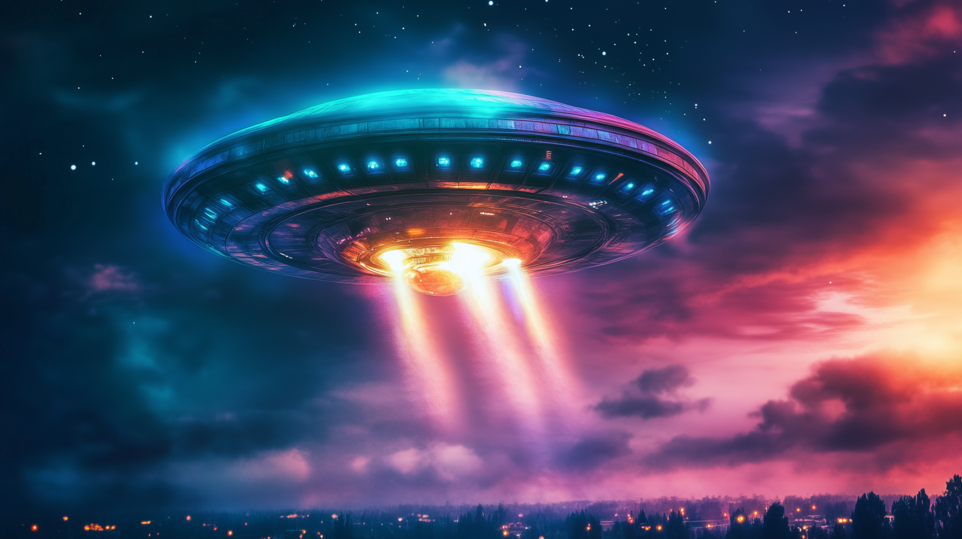 A vibrant HD sci-fi wallpaper depicting a UFO invasion, featuring a glowing spaceship emitting beams of light over a cityscape against a dramatic night sky.