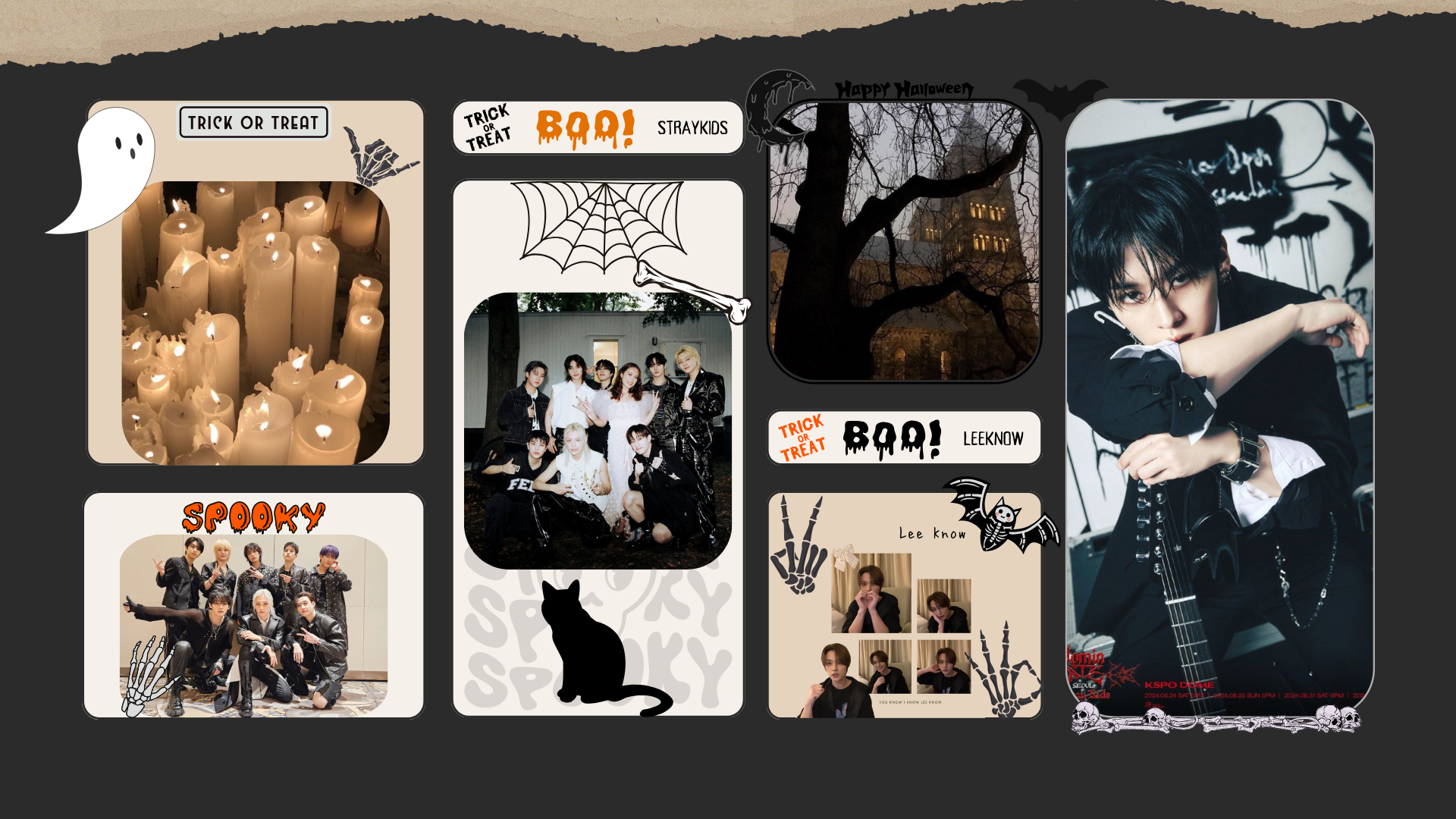 HD PC desktop wallpaper featuring Stray Kids in a Halloween-themed K-pop collage with spooky candles, cobwebs, and dark, eerie backgrounds.