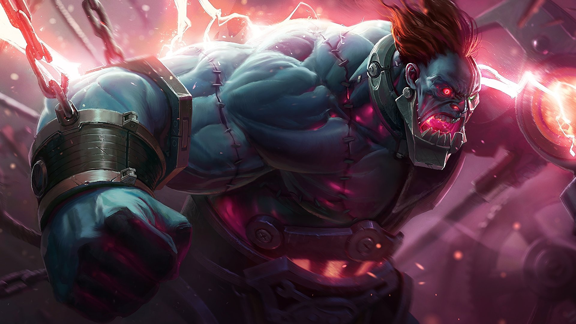 Sion from League of Legends is depicted in this striking 4K Ultra HD wallpaper, showcasing his powerful presence with chains and dynamic energy.