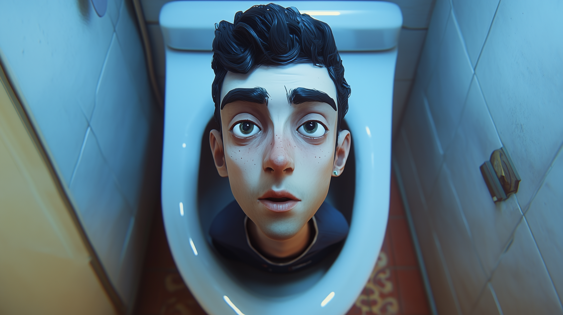 A surreal HD desktop wallpaper featuring a character's head emerging from a toilet, embodying the whimsical humor of the skibidi toilet theme.
