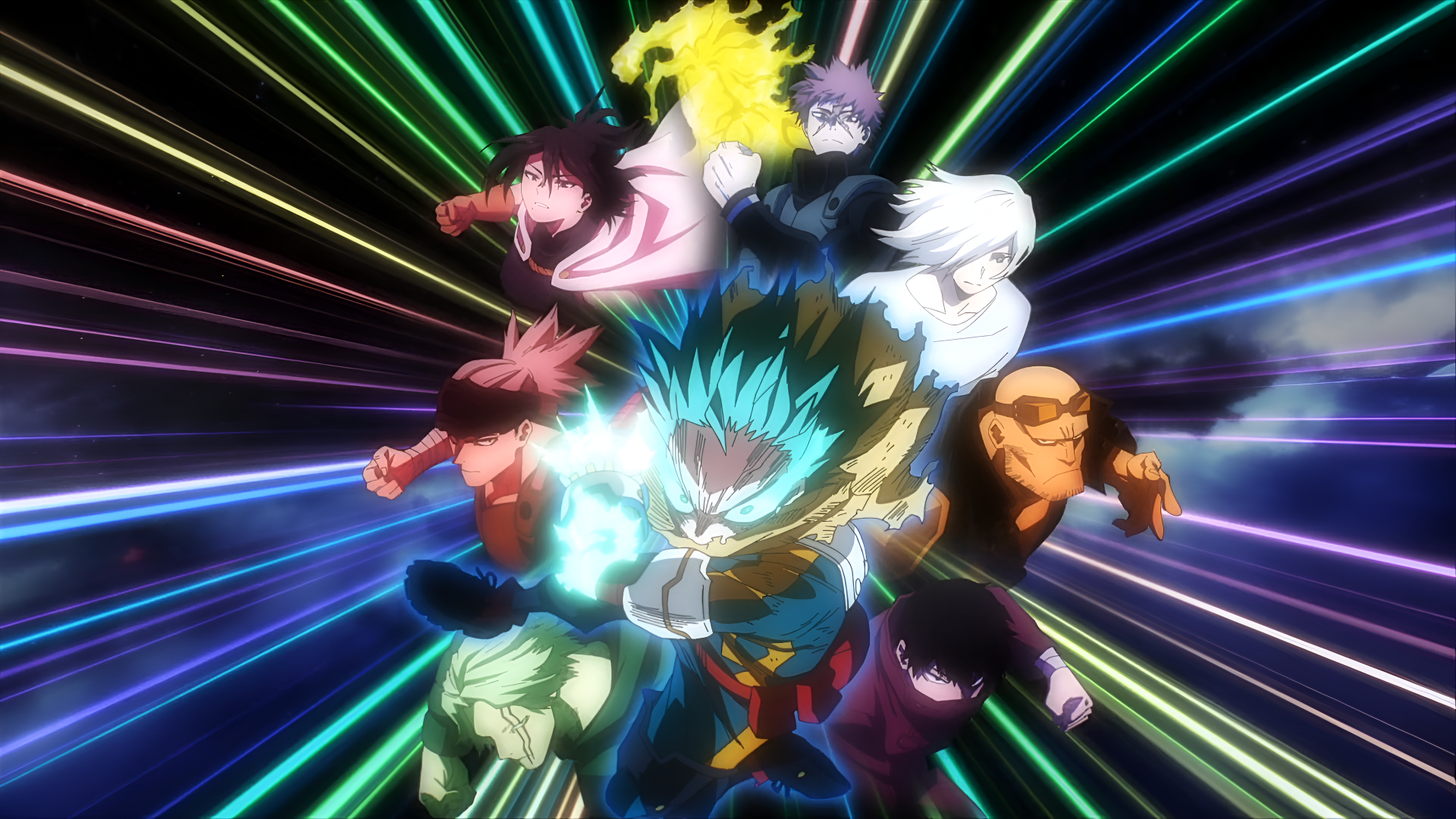 Anime-style 4K Ultra HD desktop wallpaper featuring Izuku Midoriya from My Hero Academia surrounded by dynamic, colorful energy trails and fellow characters.