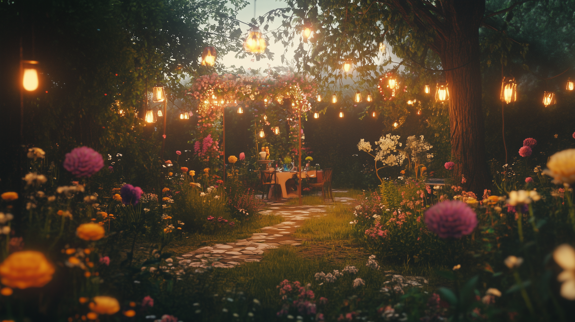 A serene backyard garden party scene with vibrant flowers, softly glowing lights, and a winding stone path, creating an inviting atmosphere for gatherings. HD desktop wallpaper.