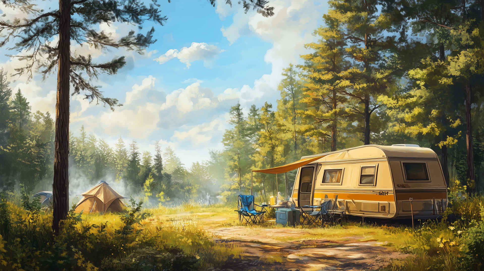 A serene camping trip scene featuring lush greenery and a peaceful atmosphere, designed as an HD desktop wallpaper and background for nature enthusiasts.