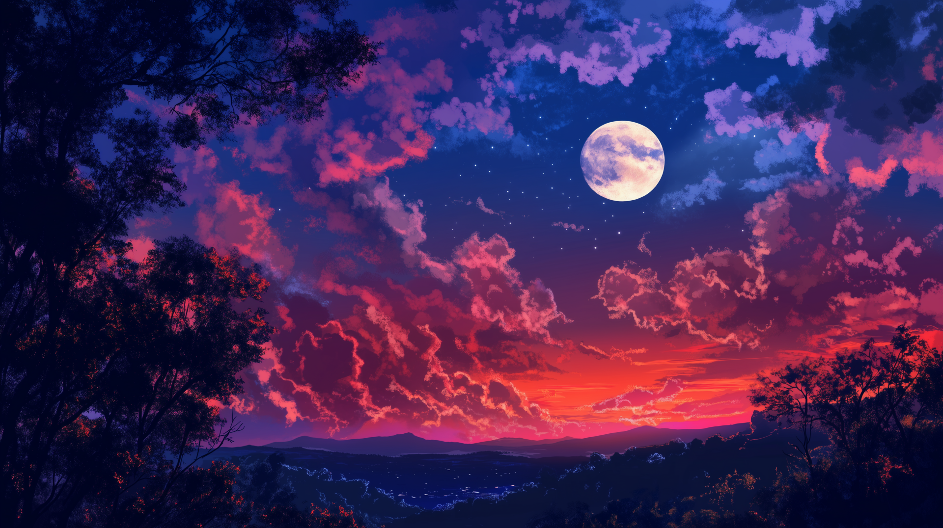 A serene moonlit sky graces this HD desktop wallpaper, featuring a luminous moon surrounded by twinkling stars, creating a tranquil and enchanting nighttime atmosphere.