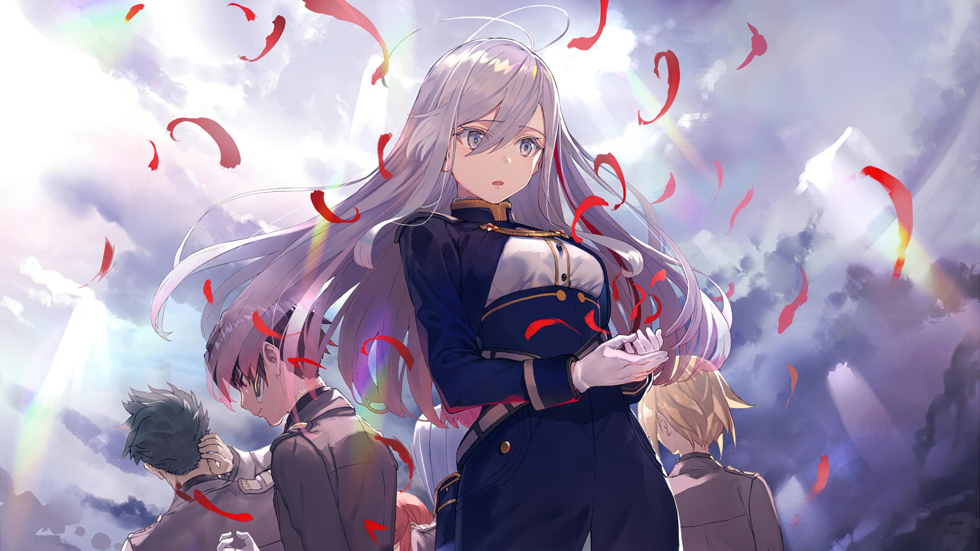HD wallpaper featuring Vladilena Milizé from the anime Eighty Six, surrounded by falling rose petals and characters in the background, creating a striking and emotional scene.