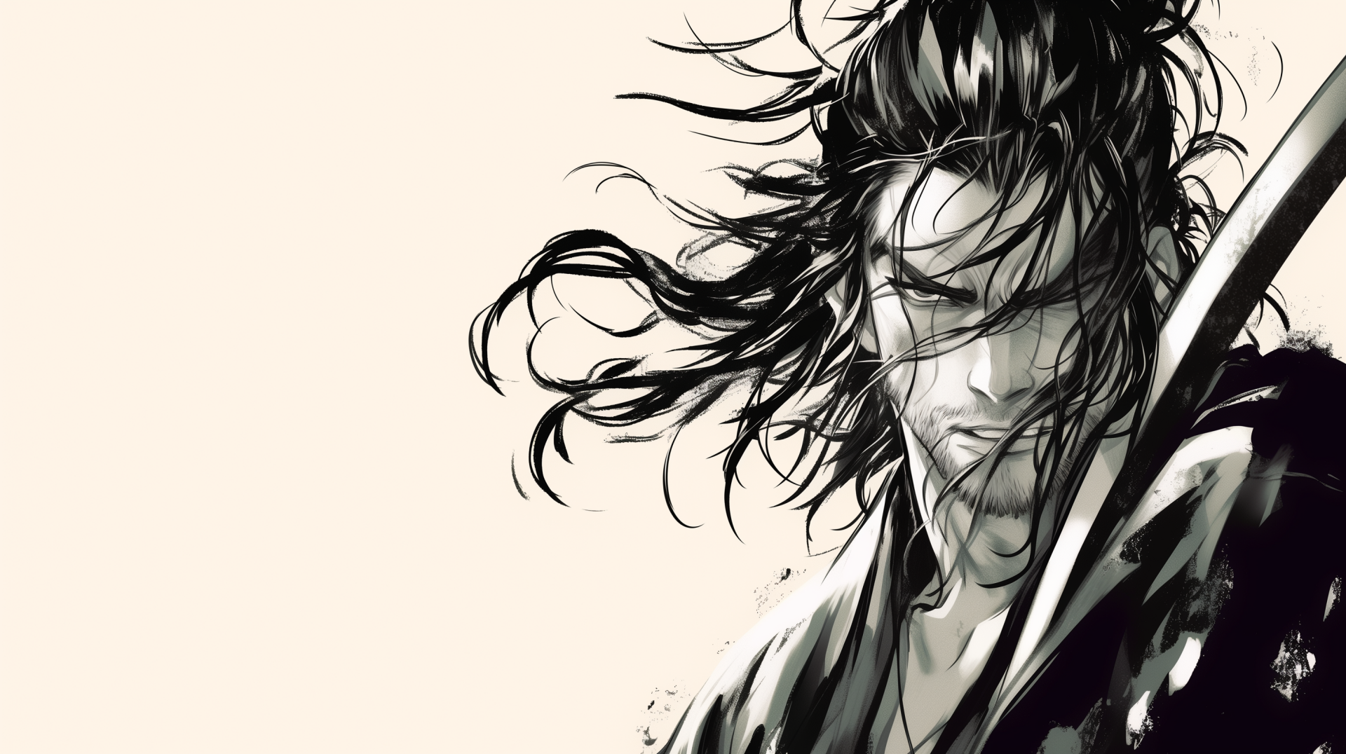 A stunning HD desktop wallpaper featuring characters and themes from the manga Vagabond, centered around the legendary swordsman Miyamoto Musashi.