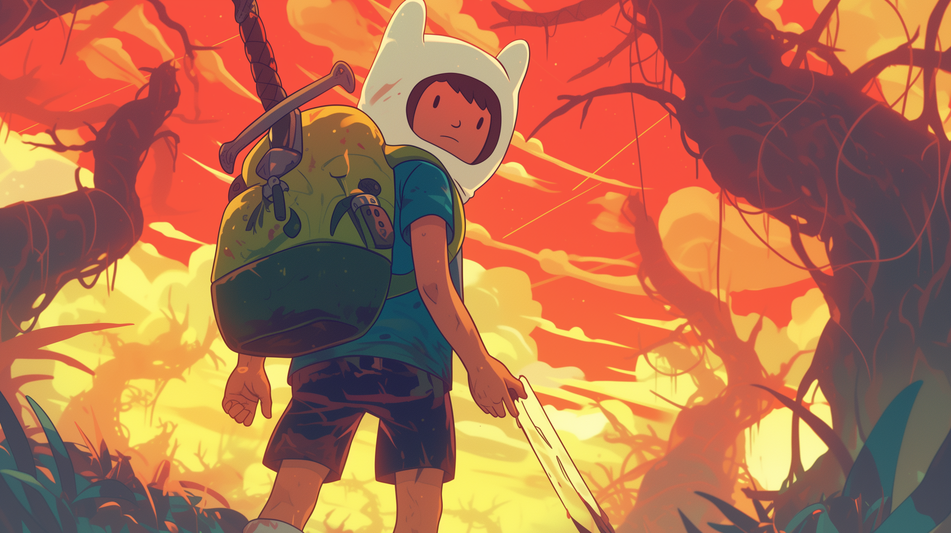 Finn from Adventure Time stands confidently with a sword in an enchanting landscape, vibrant colors glowing in the background, creating a captivating HD desktop wallpaper.