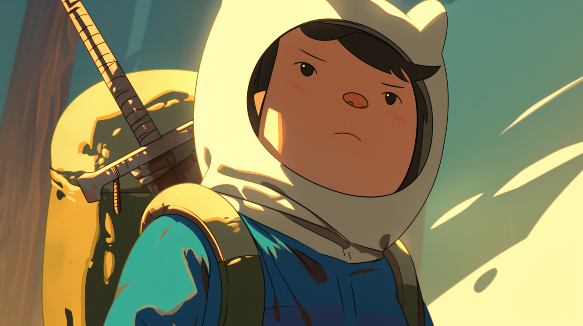 A vibrant HD desktop wallpaper featuring Finn from the animated TV show Adventure Time, showcasing his adventurous spirit in a colorful fantasy landscape.