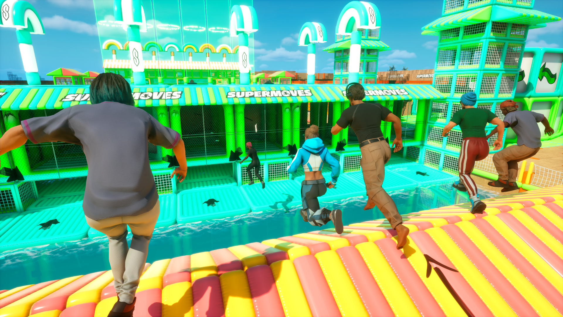 A vibrant HD wallpaper featuring characters in a colorful setting, racing towards a video game arena labeled Supermoves with bright architecture and a lively atmosphere.