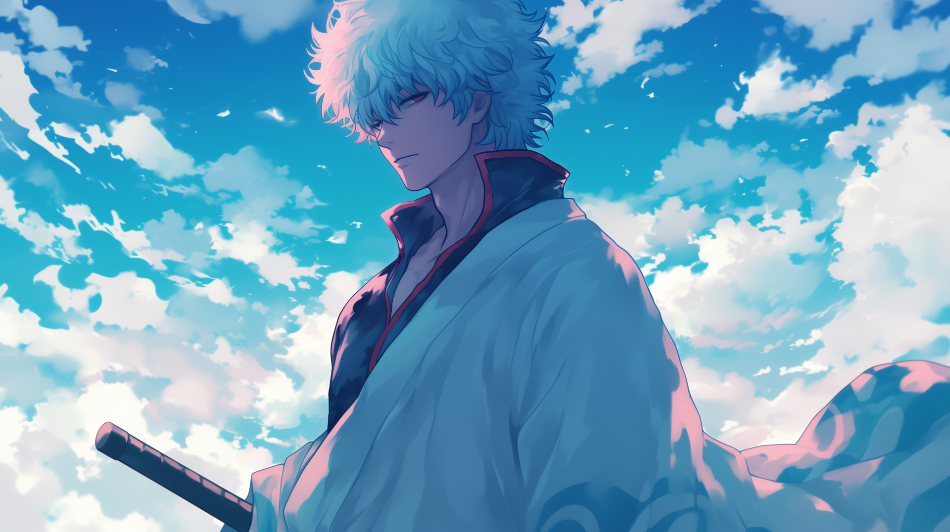 HD wallpaper featuring Gintoki Sakata from the anime Gintama, showcasing his samurai persona in a dynamic and vibrant illustration. A stylish background for any fan.