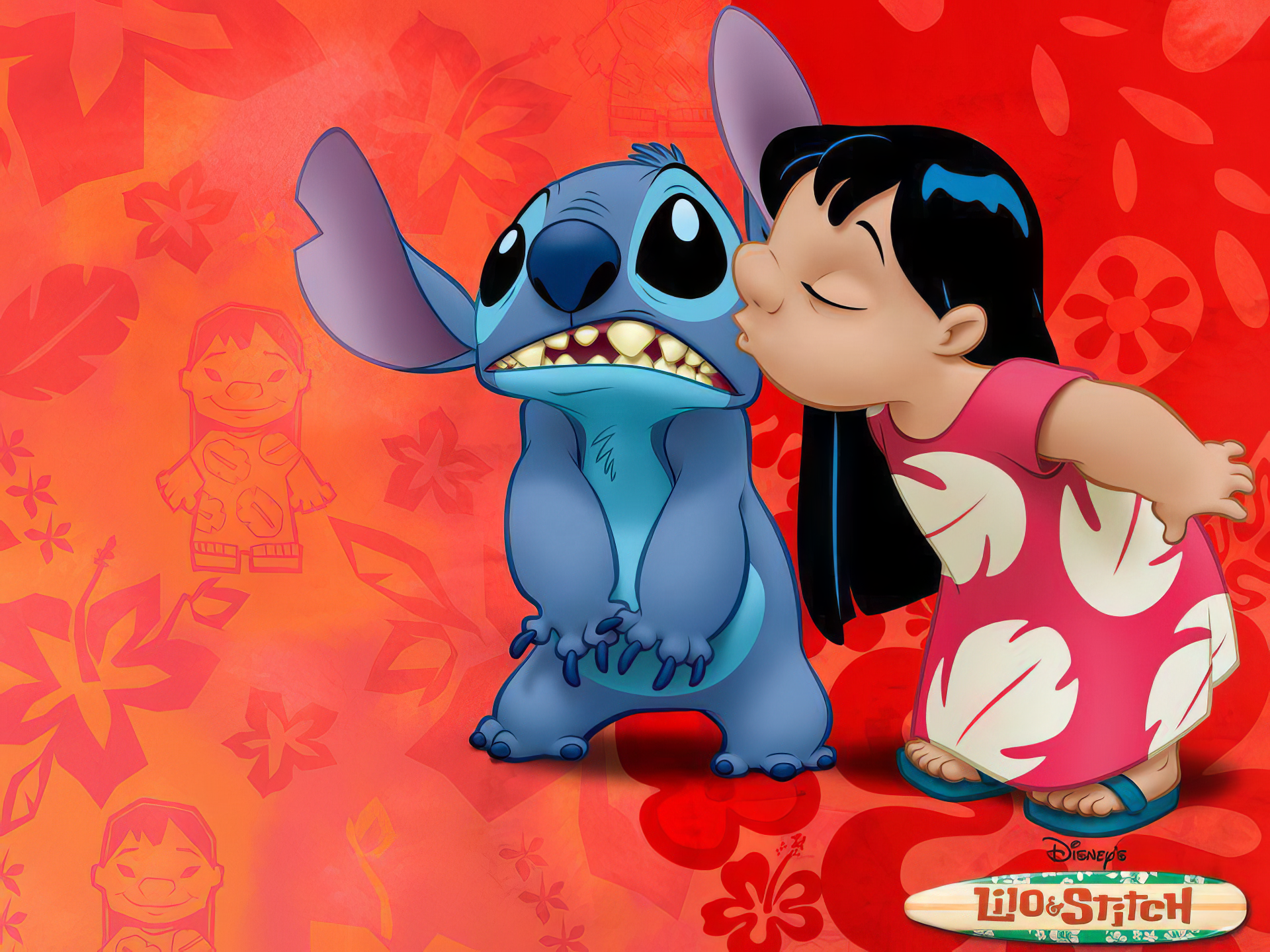A vibrant HD wallpaper featuring Lilo and Stitch sharing a kiss, capturing the heartwarming moments from the beloved TV show Lilo & Stitch.