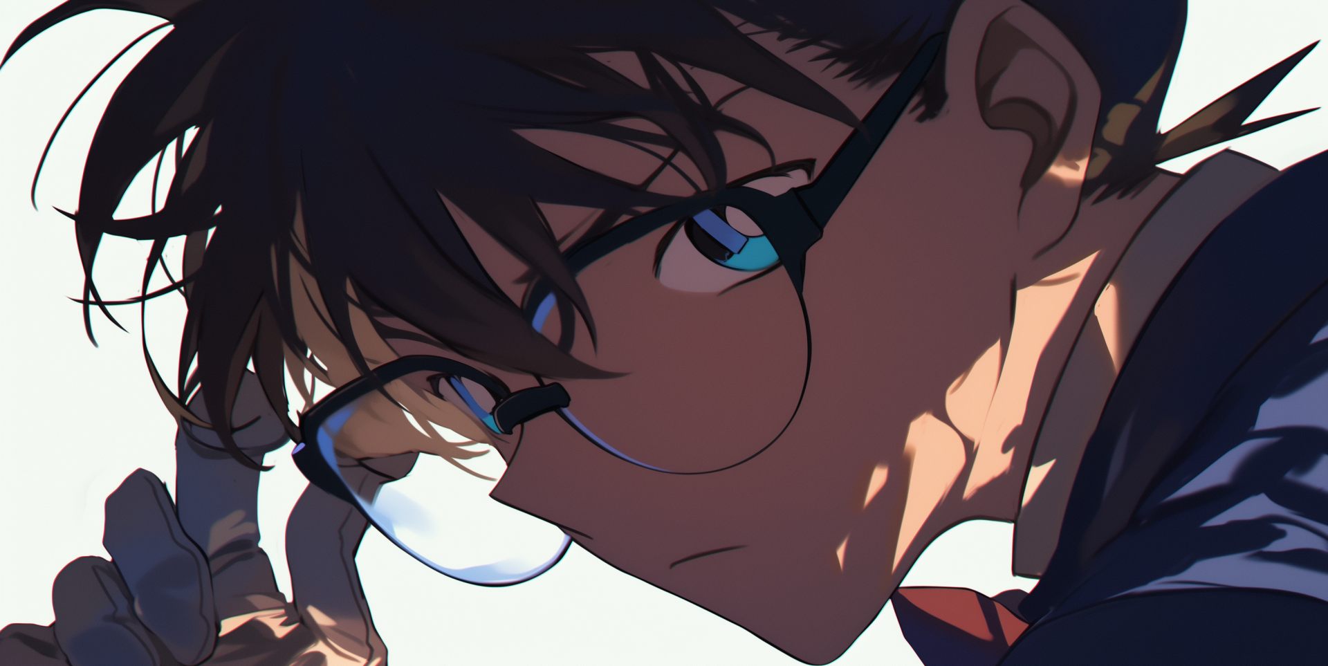 A striking HD desktop wallpaper featuring Conan Edogawa from Anime Detective Conan, showcasing his intense gaze and iconic glasses against a dramatic backdrop.