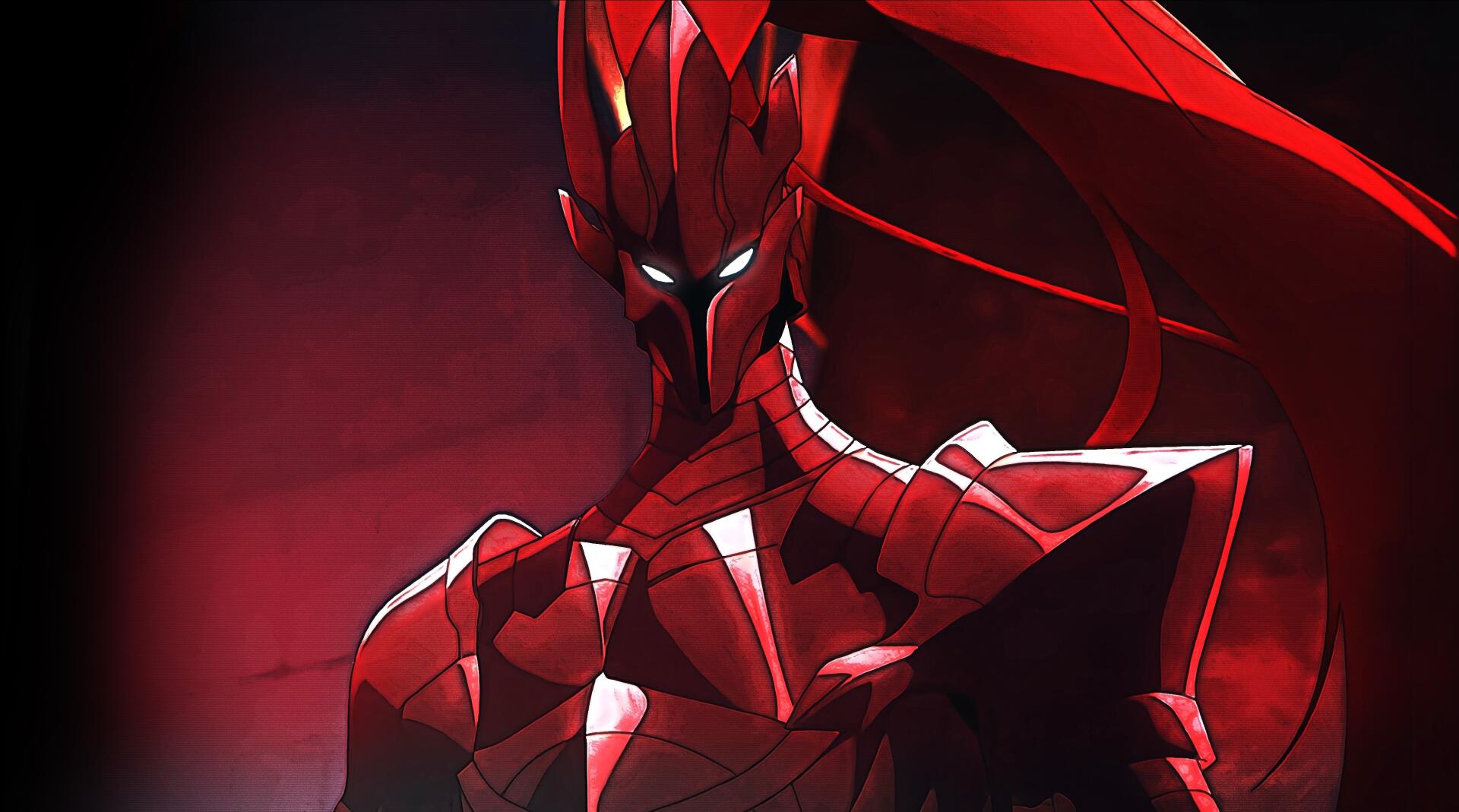 HD desktop wallpaper featuring Igris from the anime Solo Leveling, showcasing a fierce stance with a striking red background and detailed armor design.