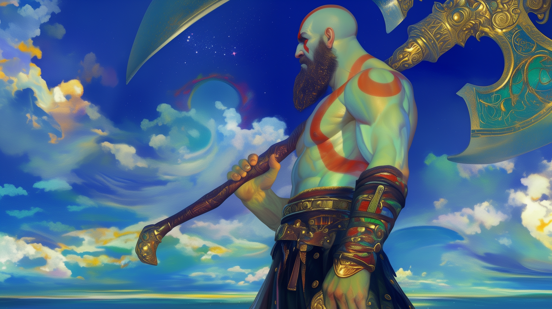 A striking HD wallpaper of Kratos from God of War, featuring the iconic character wielding his axe against a vibrant sky filled with clouds.