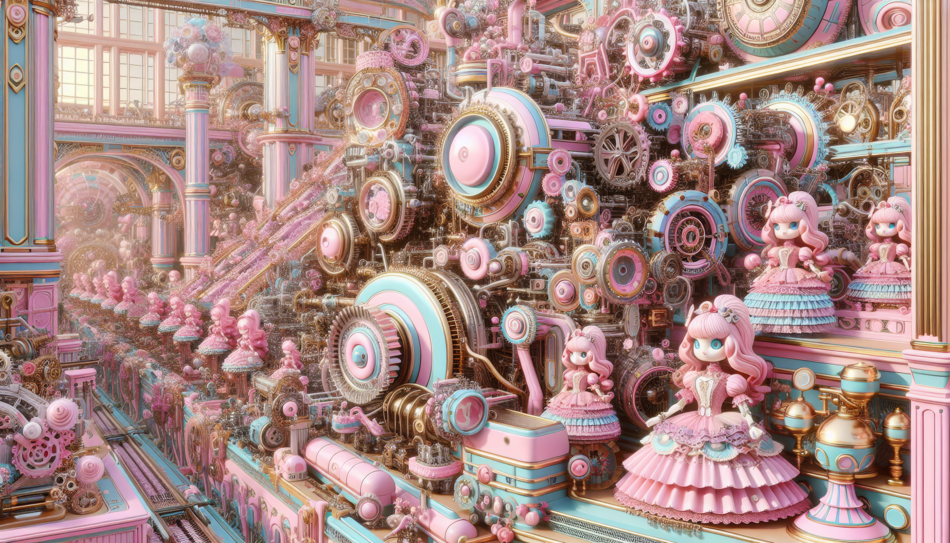 Colorful and whimsical, this HD desktop wallpaper features intricate machinery adorned with pink tones and Barbie-inspired characters, creating a vibrant barbiecore aesthetic.