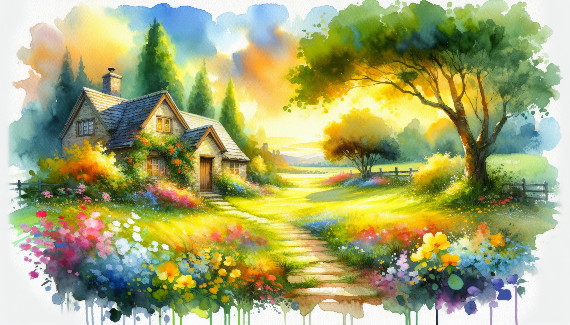A vibrant 4K Ultra HD landscape featuring a quaint cottage surrounded by colorful flowers and lush nature under a glowing sky.