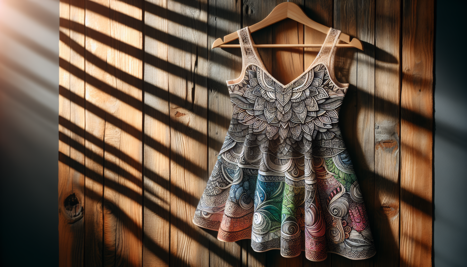 A beautifully designed sundress hangs on a wooden wall, illuminated by sunlight casting dramatic shadows. This HD image serves as a vibrant desktop wallpaper and background.