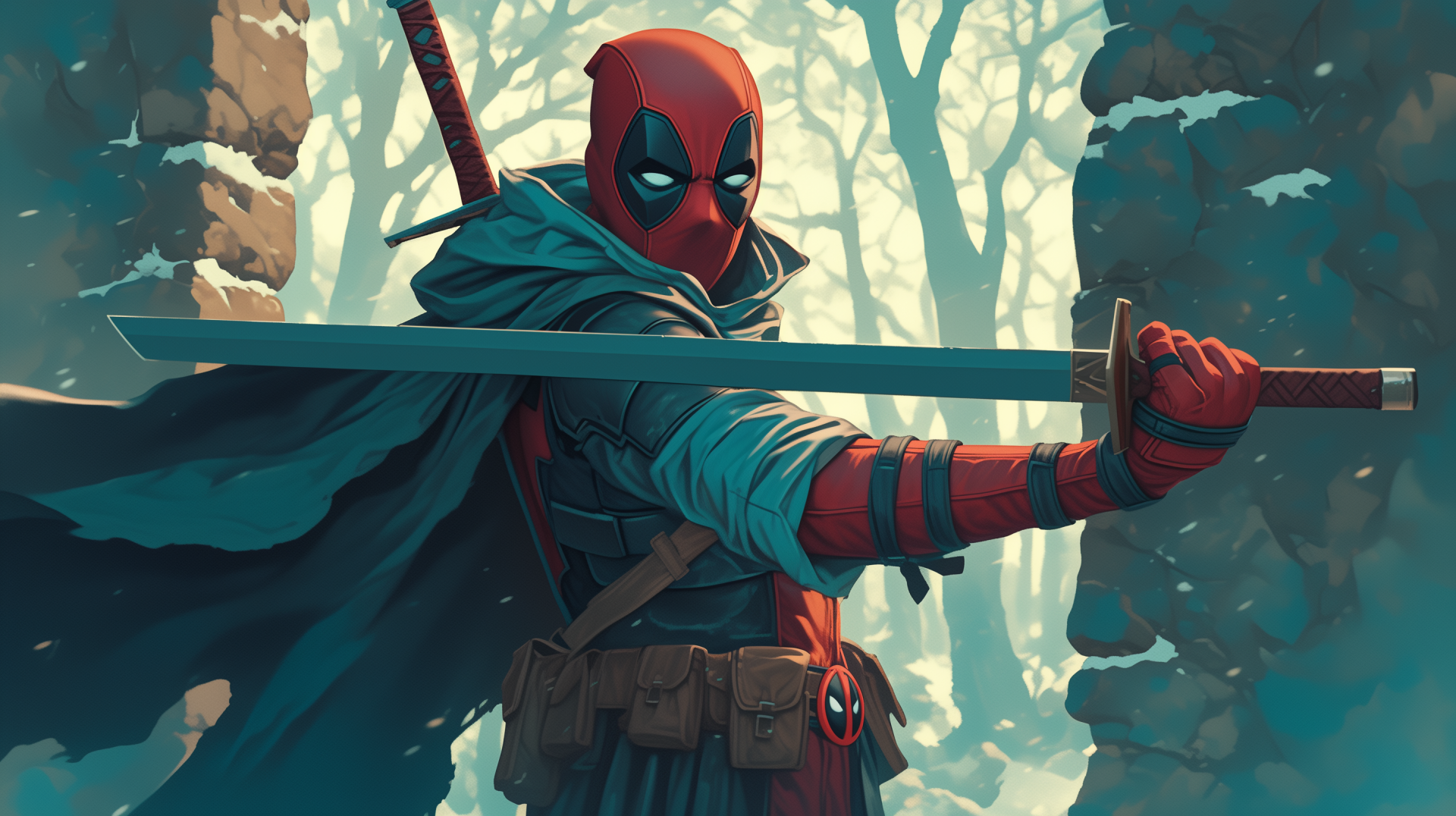 A dynamic HD wallpaper featuring Deadpool, the comic book assassin, wielding a sword, capturing his iconic blend of humor and action in a striking background.