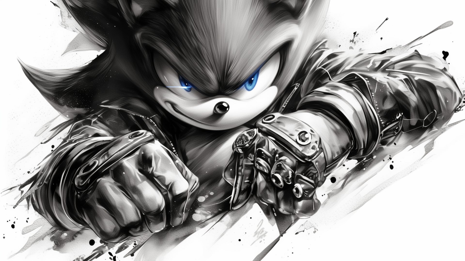 A dynamic black and white HD wallpaper featuring Sonic the Hedgehog, showcasing intense action with a powerful pose and striking blue eyes.
