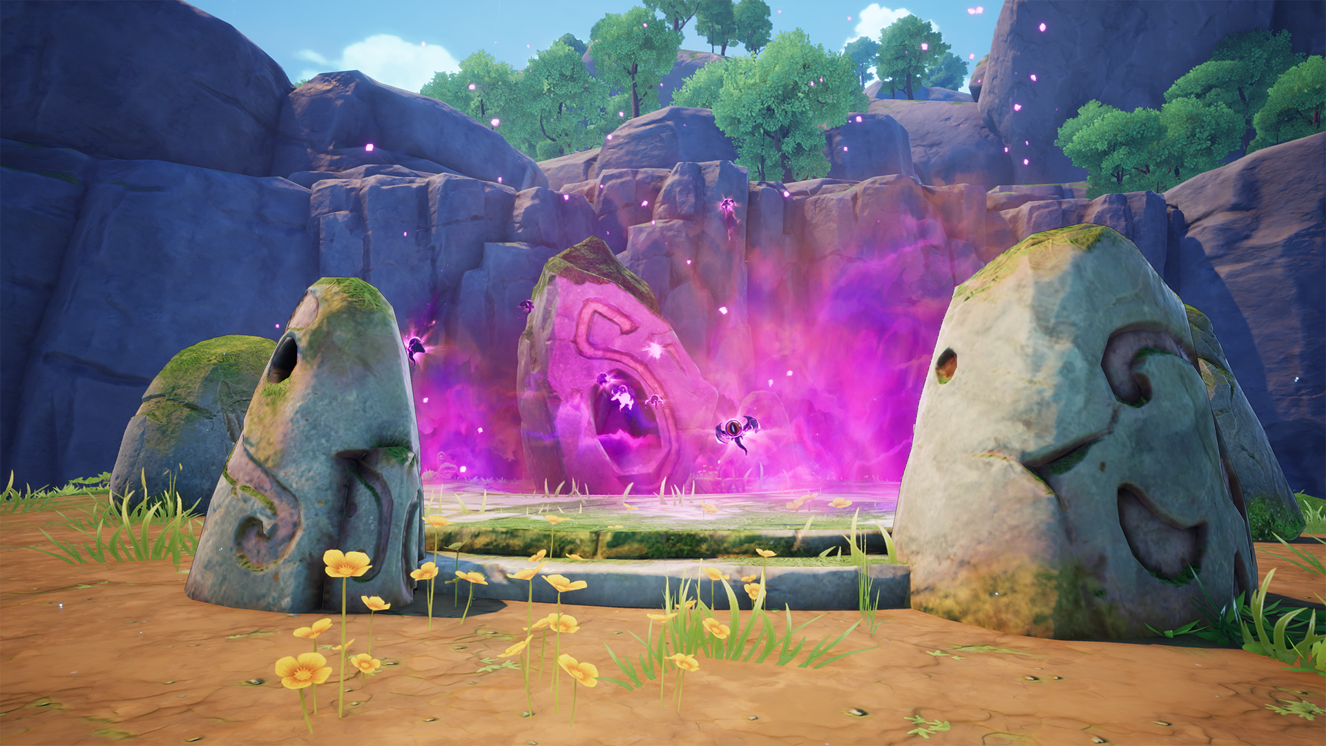 A vibrant HD desktop wallpaper from Visions of Mana, featuring a mystical portal surrounded by ancient stones, set against a lush, rocky landscape.