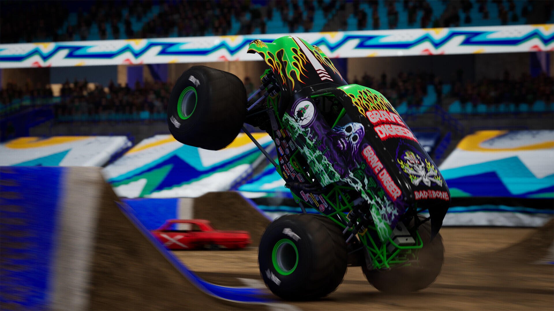 A dynamic HD desktop wallpaper featuring action-packed scenes from the Monster Jam Showdown video game, showcasing thrilling monster truck battles and excitement.