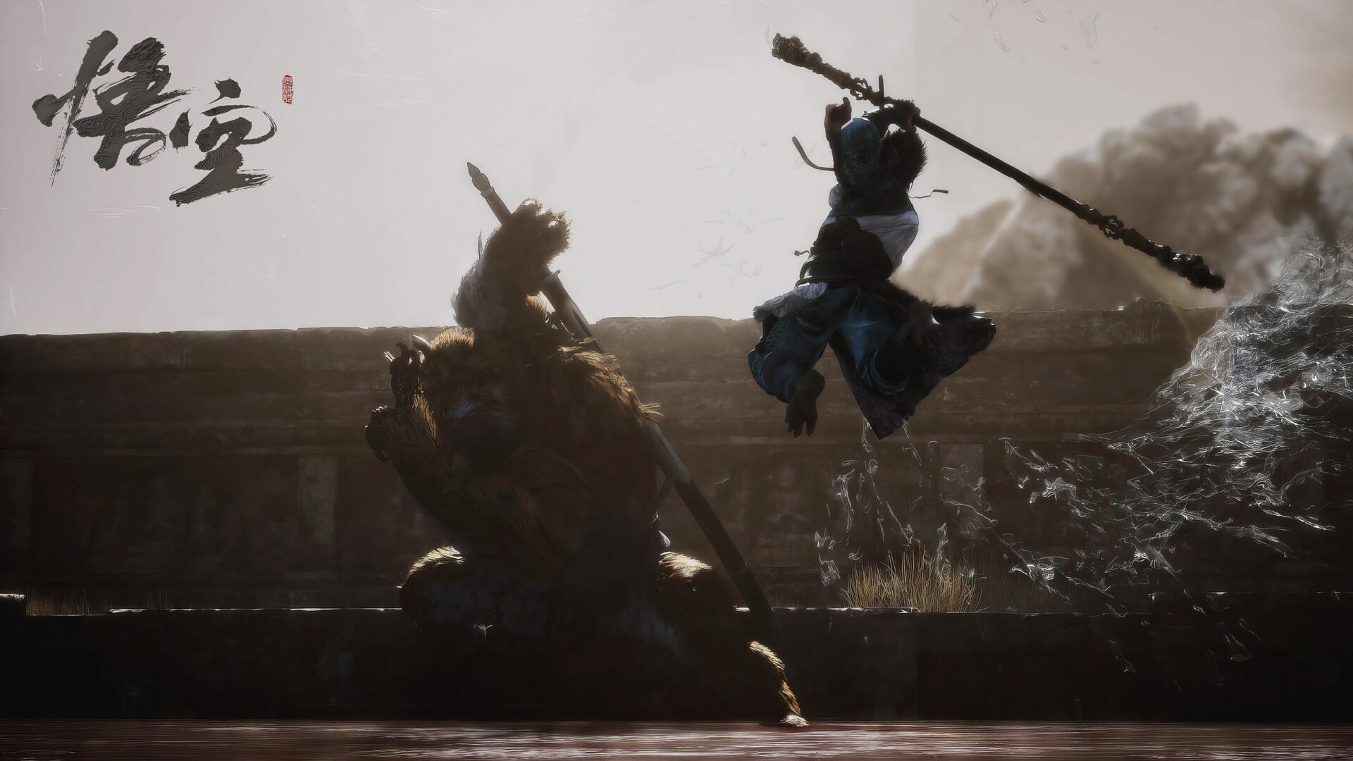 HD PC desktop wallpaper featuring a dynamic battle scene from Black Myth: Wukong, showcasing the protagonist mid-air wielding a staff against a large armored foe.