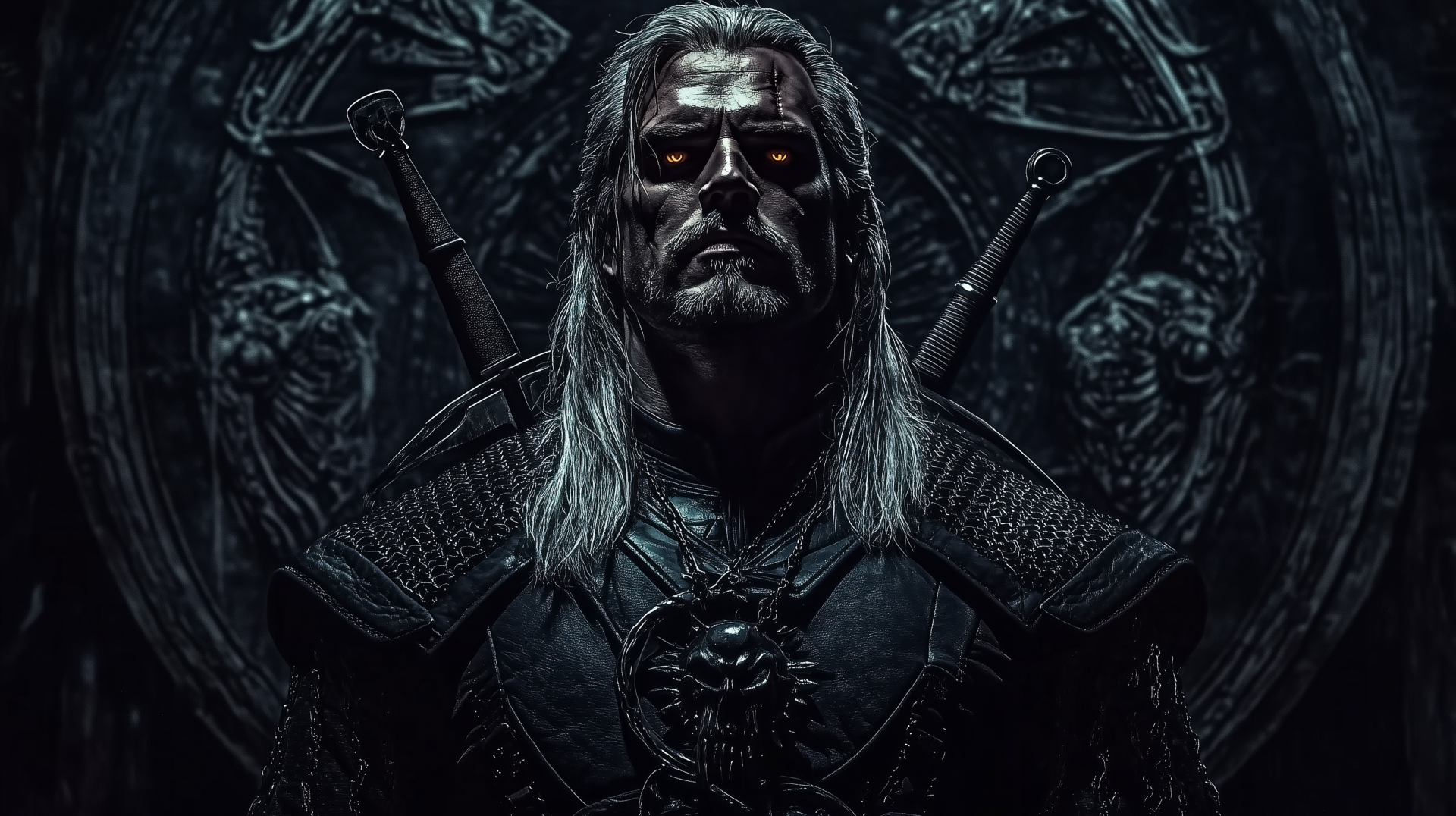 Geralt of Rivia stands in a dark, atmospheric setting from the TV show The Witcher, showcasing his iconic armor and swords against a detailed background.